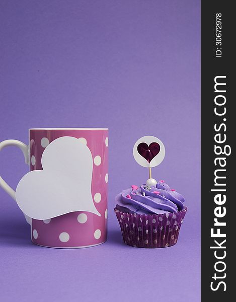 Mauve Purple Decorated Cupcake With Pink Polka Dot Coffee Mug - Vertical.