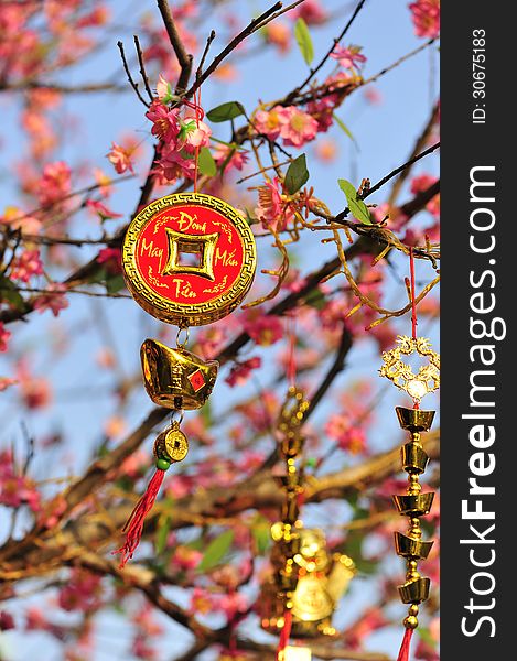 Ornament Of Lucky Coin And Gold Ingots On The Peach Tree