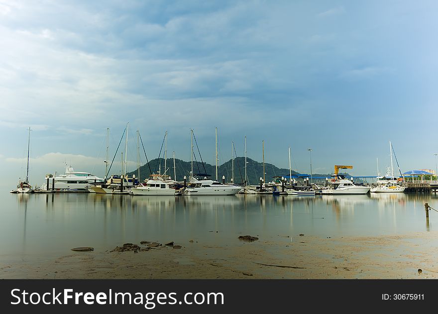 Yachts and cruise ship at port of Georgetown, Penang, Malaysia