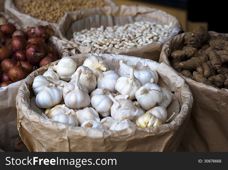 White garlic in selling at market