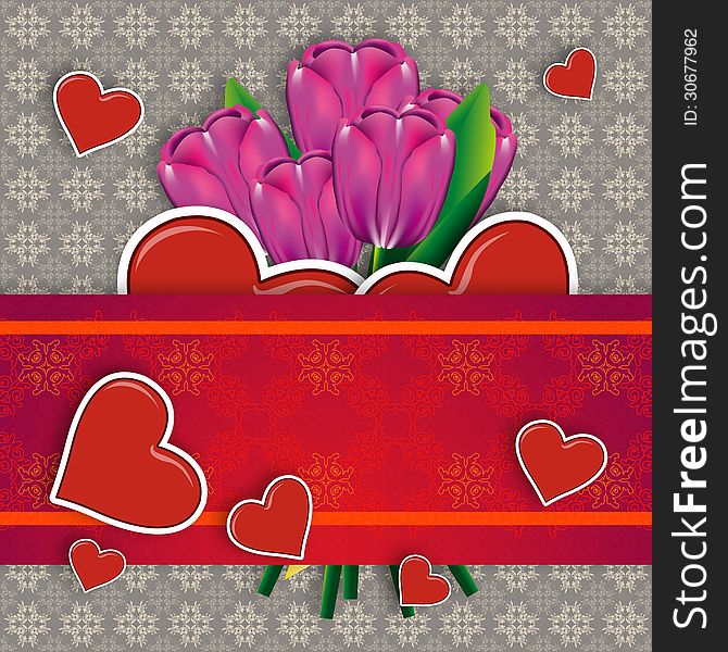 Beautiful card with purple tulips and red hearts. Beautiful card with purple tulips and red hearts.