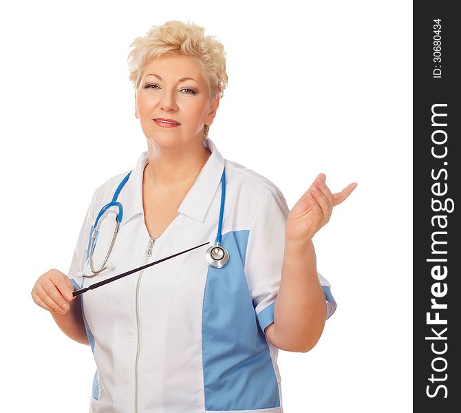 Senior woman doctor in white suit with stethoscope and pointer show finger. Isolated on white background. Senior woman doctor in white suit with stethoscope and pointer show finger. Isolated on white background.