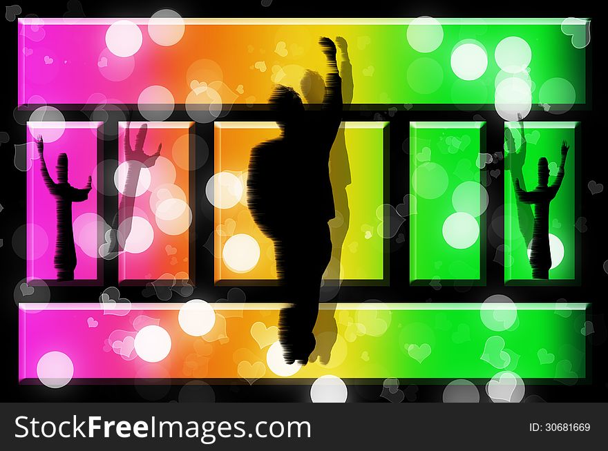 Happy lifestyle party people dancing silhouette with colorful lights bokeh