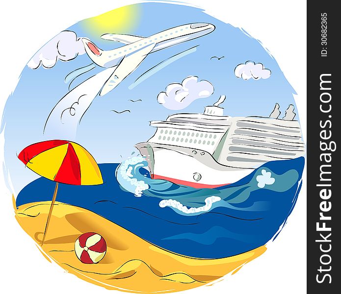 Absract illustration with plane and liner and sea. Vector