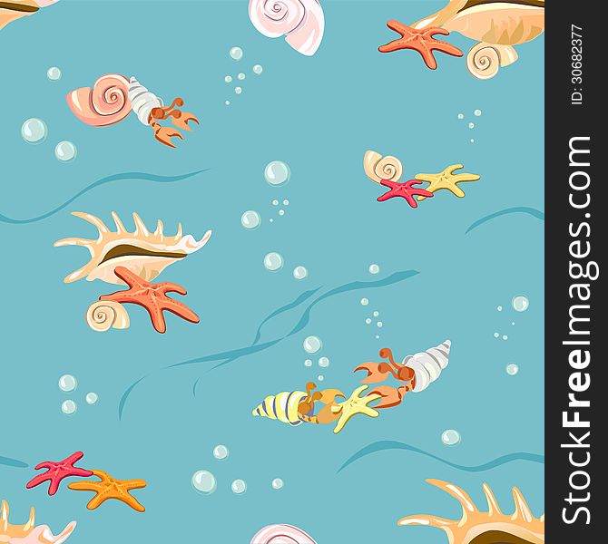 Marine background with seashells and starfish