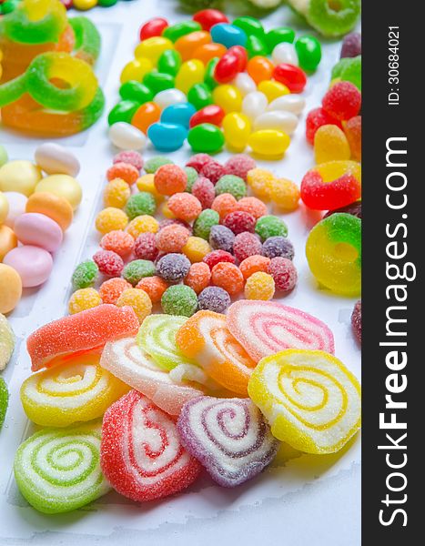 Different kinds of colorful candies arrangement