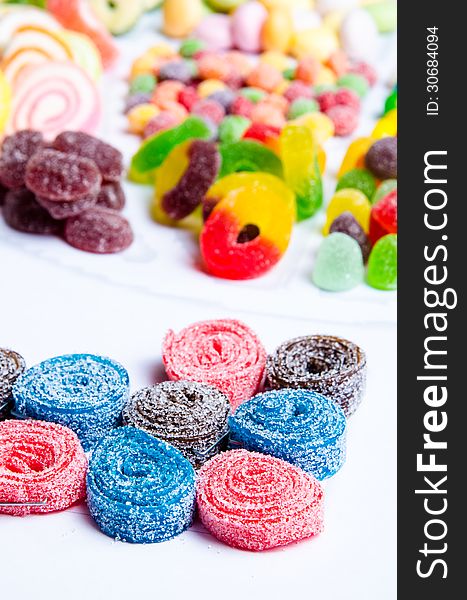 Different kinds of colorful candies arrangement