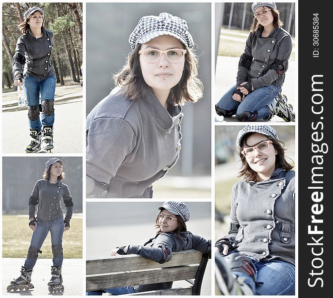 Photo series of roller skating young woman over city park background. Natural looking, smiling girl wearing fashionable glasses and hat, skating with roller skates, relaxing on the bench and at the ground. Photo series of roller skating young woman over city park background. Natural looking, smiling girl wearing fashionable glasses and hat, skating with roller skates, relaxing on the bench and at the ground.