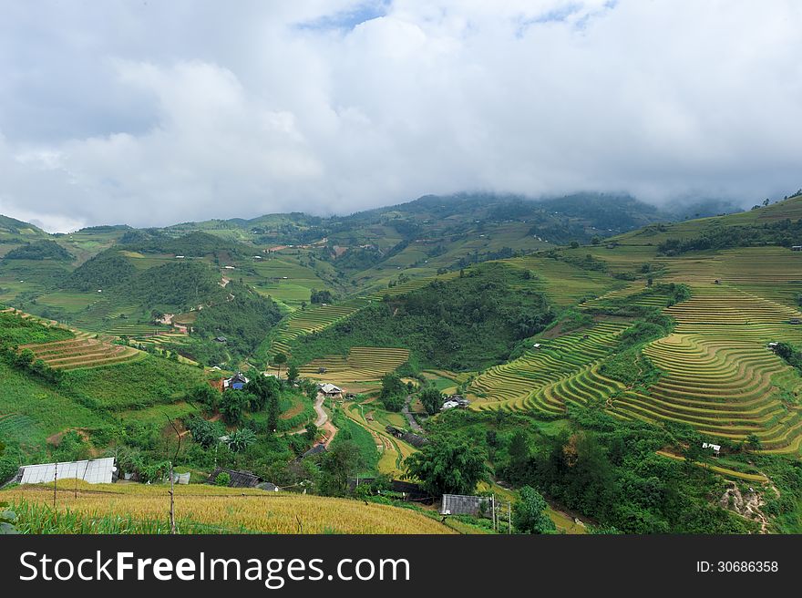 The stilt houses in the valley between the hills of rice fields in Mu Cang Chai, Vietnam. The stilt houses in the valley between the hills of rice fields in Mu Cang Chai, Vietnam