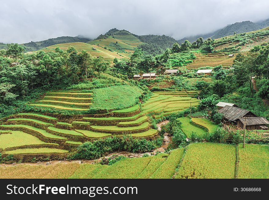 Stilt houses on the hills of rice terraced fields in Mu Cang Chai, Vietnam