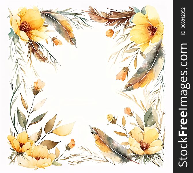 This delicate composition captures the serene beauty of nature. A square frame adorned with soft-hued botanical illustrations, including tender yellow flowers, gentle leaves, and whispering feathers, evokes a sense of calm and elegance. The artwork& x27 s watercolor texture adds a touch of grace, perfect for invitations, greeting cards, or simply as an exquisite piece of wall art.