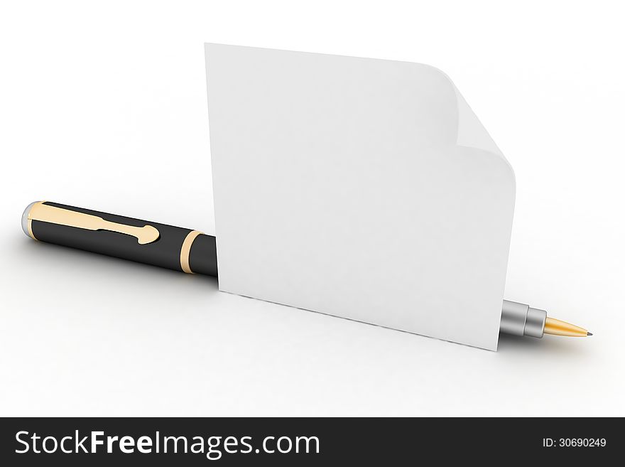 Pen with a sheet of paper. 3d render illustration