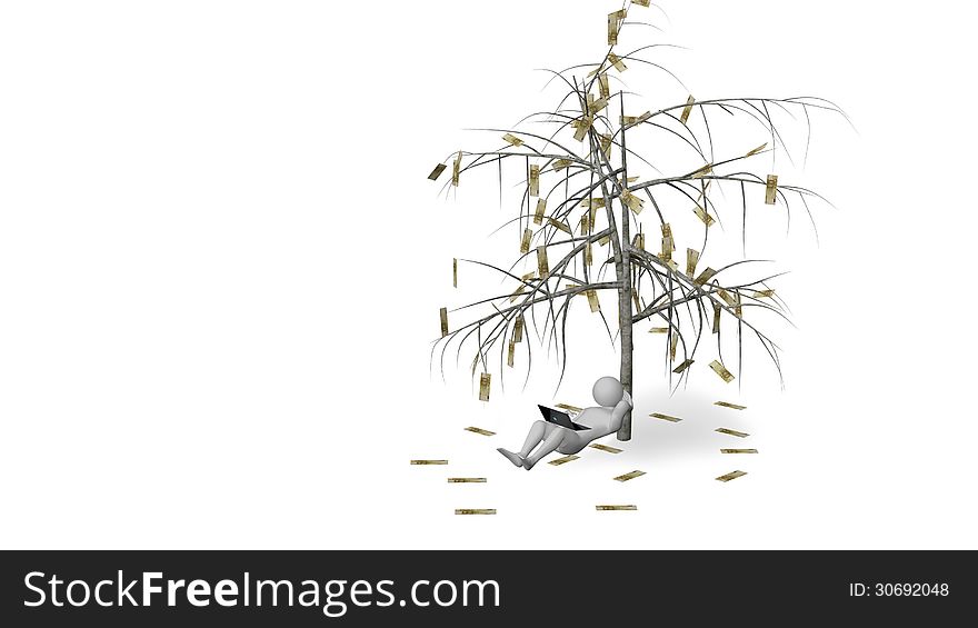3d man under money tree isolated on white