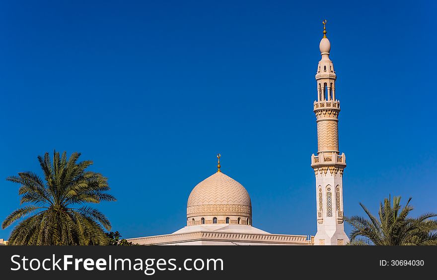 The mosque in Dubai, preceded by the palm trees. The mosque in Dubai, preceded by the palm trees.
