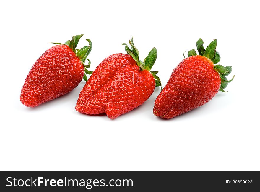 Three Perfect Big Strawberries In a Row on white background