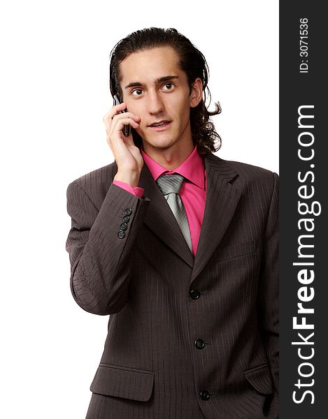 Emotional businessman talking by mobile phone. on white. Emotional businessman talking by mobile phone. on white