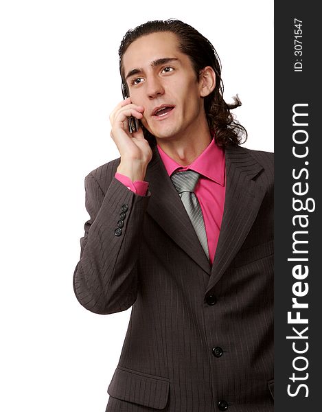 Emotional businessman talking by mobile phone. on white. Emotional businessman talking by mobile phone. on white