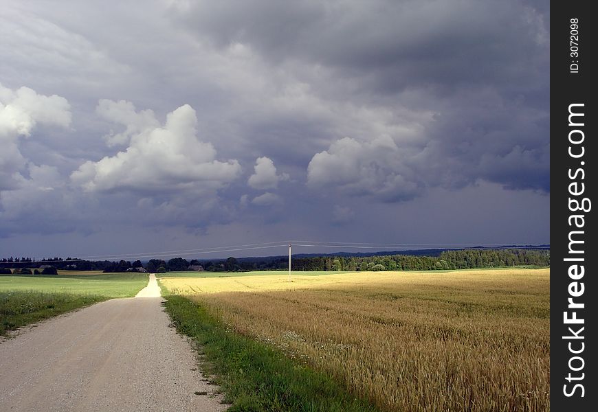 Estonian summer landscape with hayfield and dramatical stormy sky