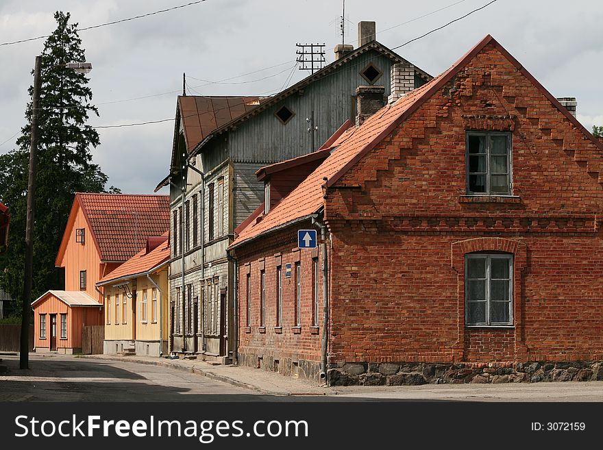 Street with colorful houses in Viljandi, Estonia