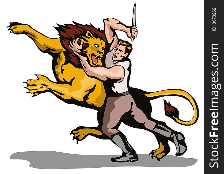 Vector art of a Man fighting a lion