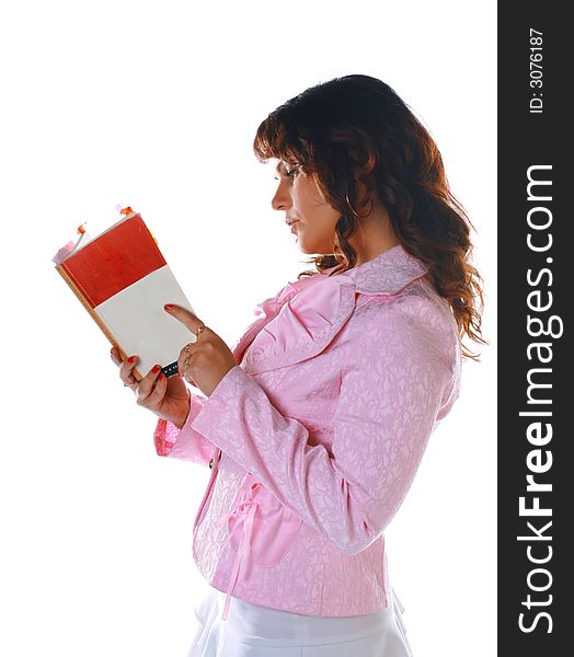 Woman with the book on a white background