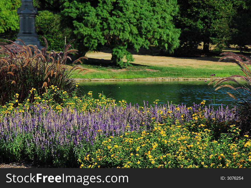 Historic Spring Grove cemetery pond landscape ornate grass and flowers. Historic Spring Grove cemetery pond landscape ornate grass and flowers