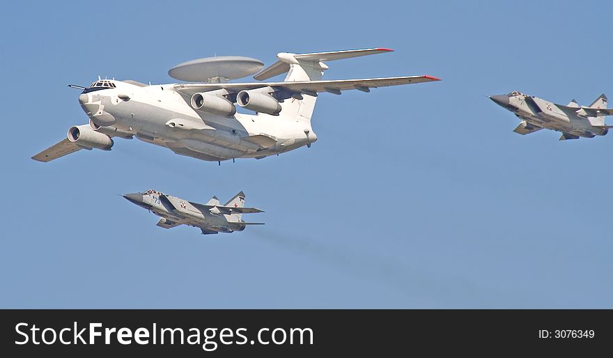 A-50 - the plane for remote radar detection and two interceptors. Fly-past at 95th anniversary of Russian Air Force. 11 August 2007. A-50 - the plane for remote radar detection and two interceptors. Fly-past at 95th anniversary of Russian Air Force. 11 August 2007