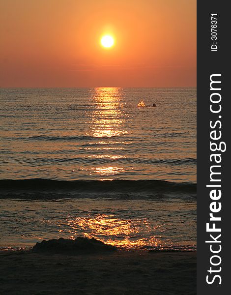 The sunset in the Baltic sea with a swimming man. The sunset in the Baltic sea with a swimming man