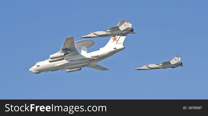 A-50 - the plane for remote radar detection and two interceptors. Fly-past at 95th anniversary of Russian Air Force. 11 August 2007. A-50 - the plane for remote radar detection and two interceptors. Fly-past at 95th anniversary of Russian Air Force. 11 August 2007