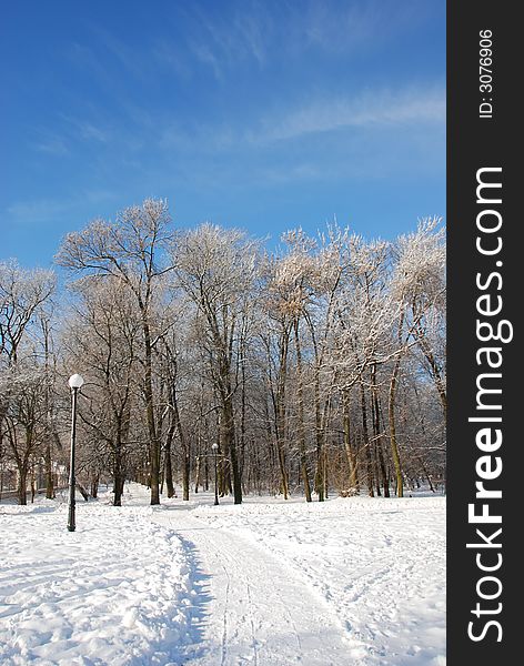 A path in snow leading to the park. A path in snow leading to the park