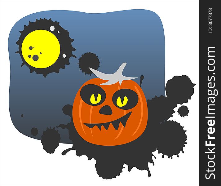 The stylized pumpkin on a background of black blots, the moon and the night sky. The stylized pumpkin on a background of black blots, the moon and the night sky.