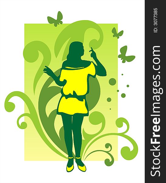 Dark female silhouette on a green background with a vegetative ornament and butterflies. Dark female silhouette on a green background with a vegetative ornament and butterflies.