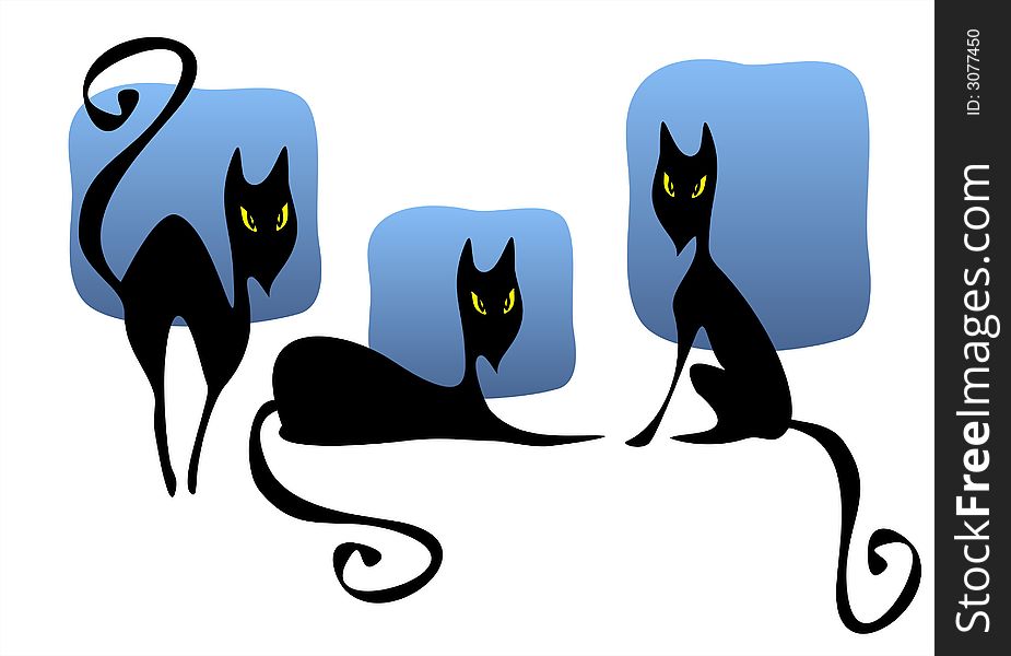 Three stylized black cats on a background of the night sky. Three stylized black cats on a background of the night sky.