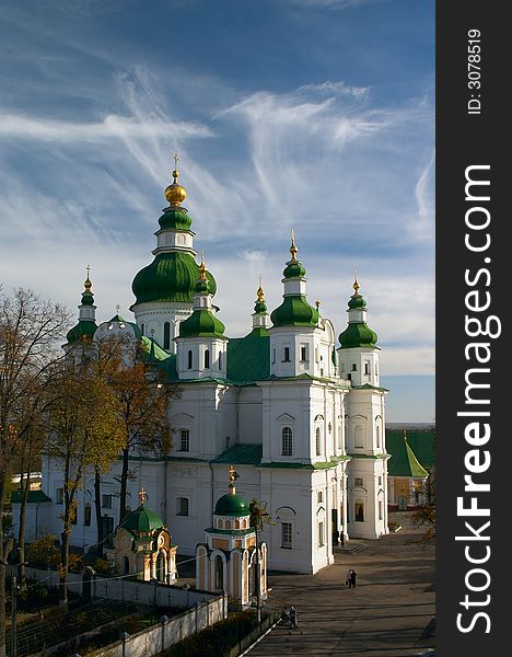 Orthodoxy cathedral with green dome in Ukraine