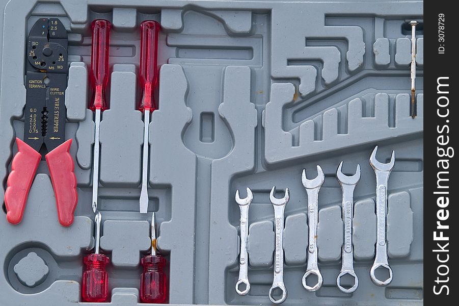 Wrench tools in gray toolbox. Wrench tools in gray toolbox