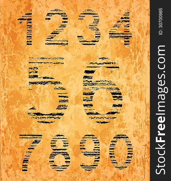 Number set from black coal texture on old paper background. EPS10 blend mode used