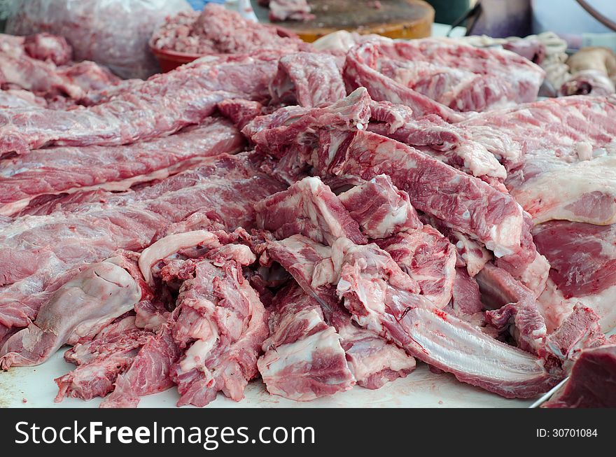 Raw pork are sold in fresh market