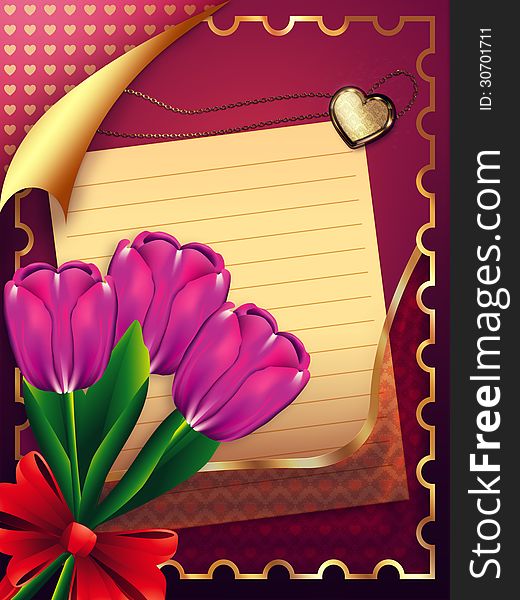 Holiday background with sheet of paper and colorful tulip flowers. Holiday background with sheet of paper and colorful tulip flowers.