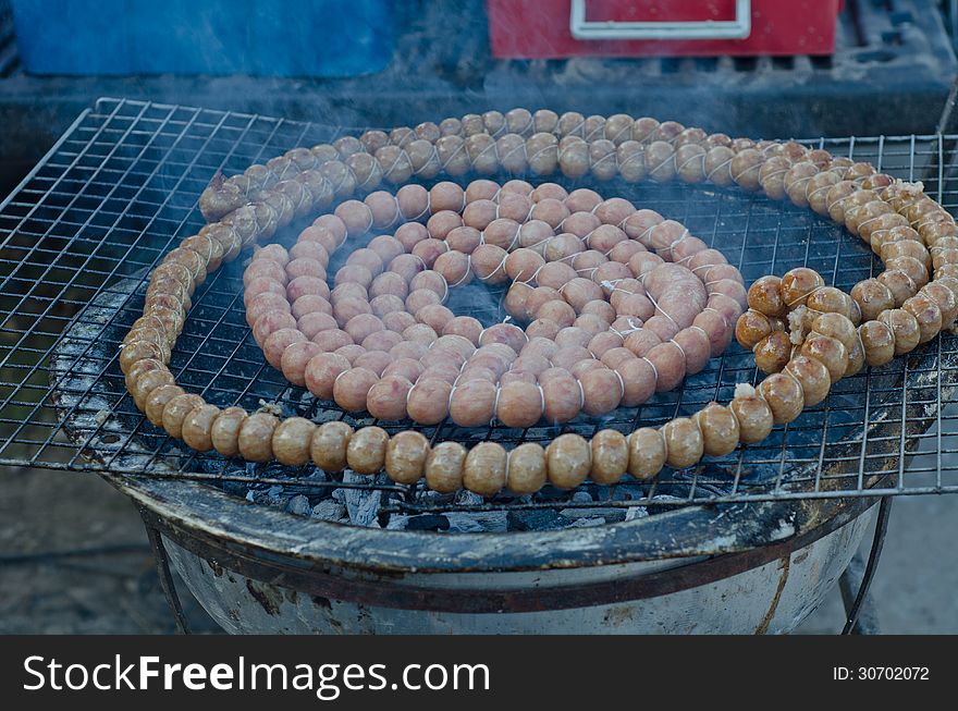Thai sausage grilled on charcoal.