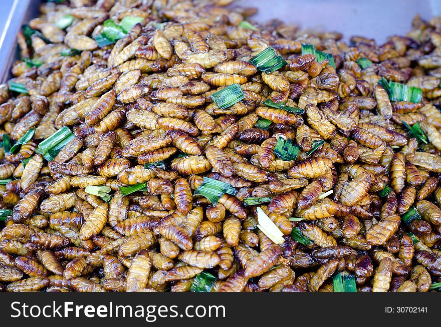 Fried silk worm for sale in a local marke