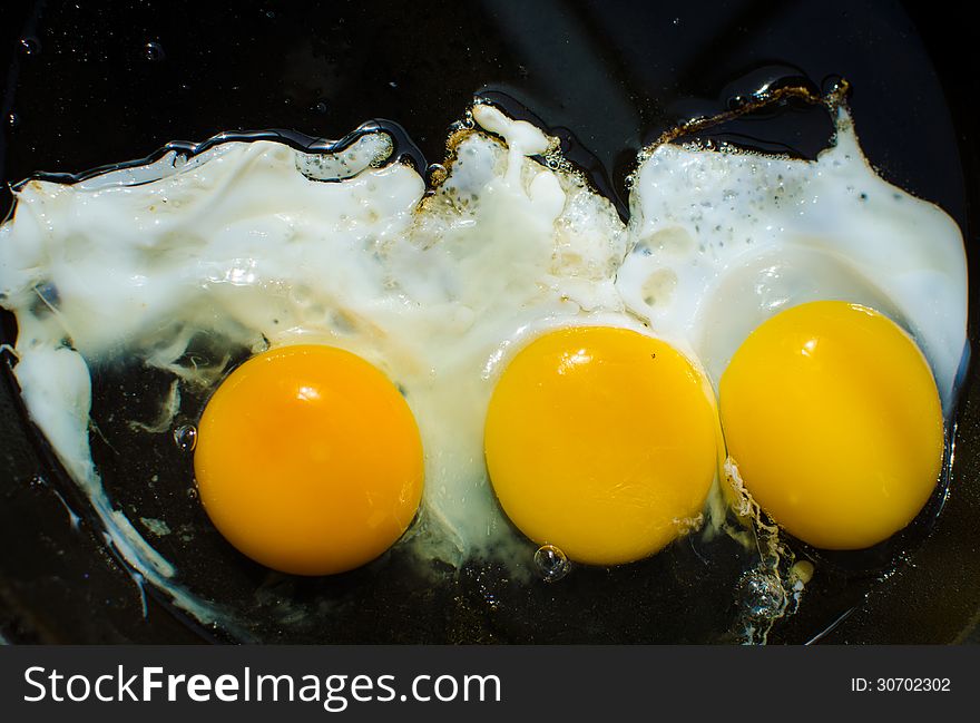 Closeup of three fried eggs in a frying pan