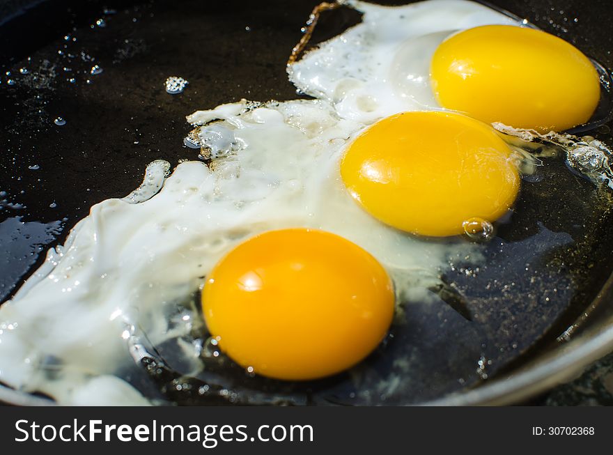 Closeup of three fried eggs in a frying pan