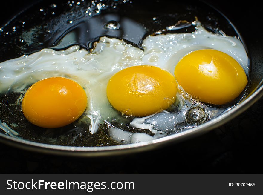 Closeup of three fried eggs in a frying pan