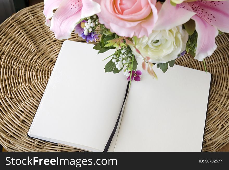 Two blank white page with pink flowers. Two blank white page with pink flowers