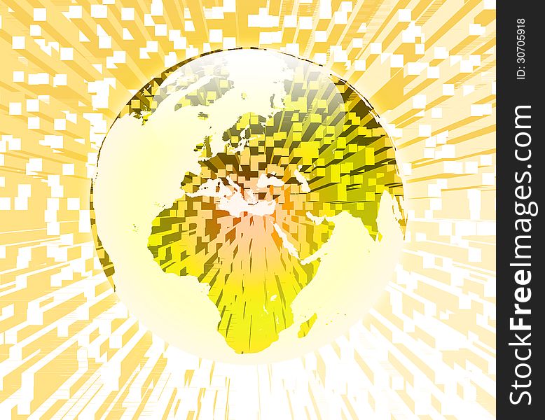3d illustration of a transparent earth globe over top of a yellow extruded pixel background. 3d illustration of a transparent earth globe over top of a yellow extruded pixel background