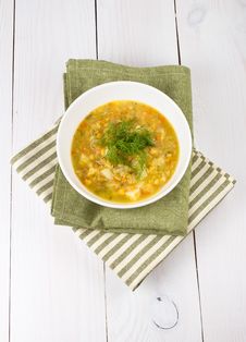 Yellow Pea Soup In Bowl On White Wooden Background Royalty Free Stock Photography Yellow Pea Soup In Bowl On White Wooden Background Royalty Free Stock Photography