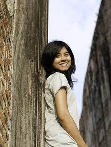 Young Girl At Wat Maheyong Temple. Ayutthaya Province - Thailand Stock Photo Young Girl At Wat Maheyong Temple. Ayutthaya Province - Thailand Stock Photo