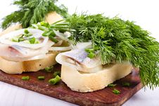 Sandwiches Of White Bread With Herring, Onions And Herbs Stock Photos Sandwiches Of White Bread With Herring, Onions And Herbs Stock Photos