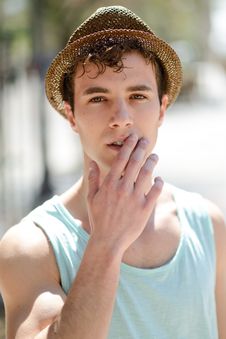 Handsome Man Wearing Sun Hat In Urban Background Royalty Free Stock Image Handsome Man Wearing Sun Hat In Urban Background Royalty Free Stock Image