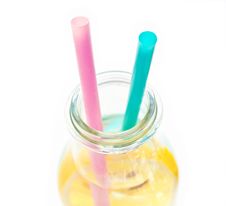 Cold Lemon Water In A  Glass With Two Straws Stock Images